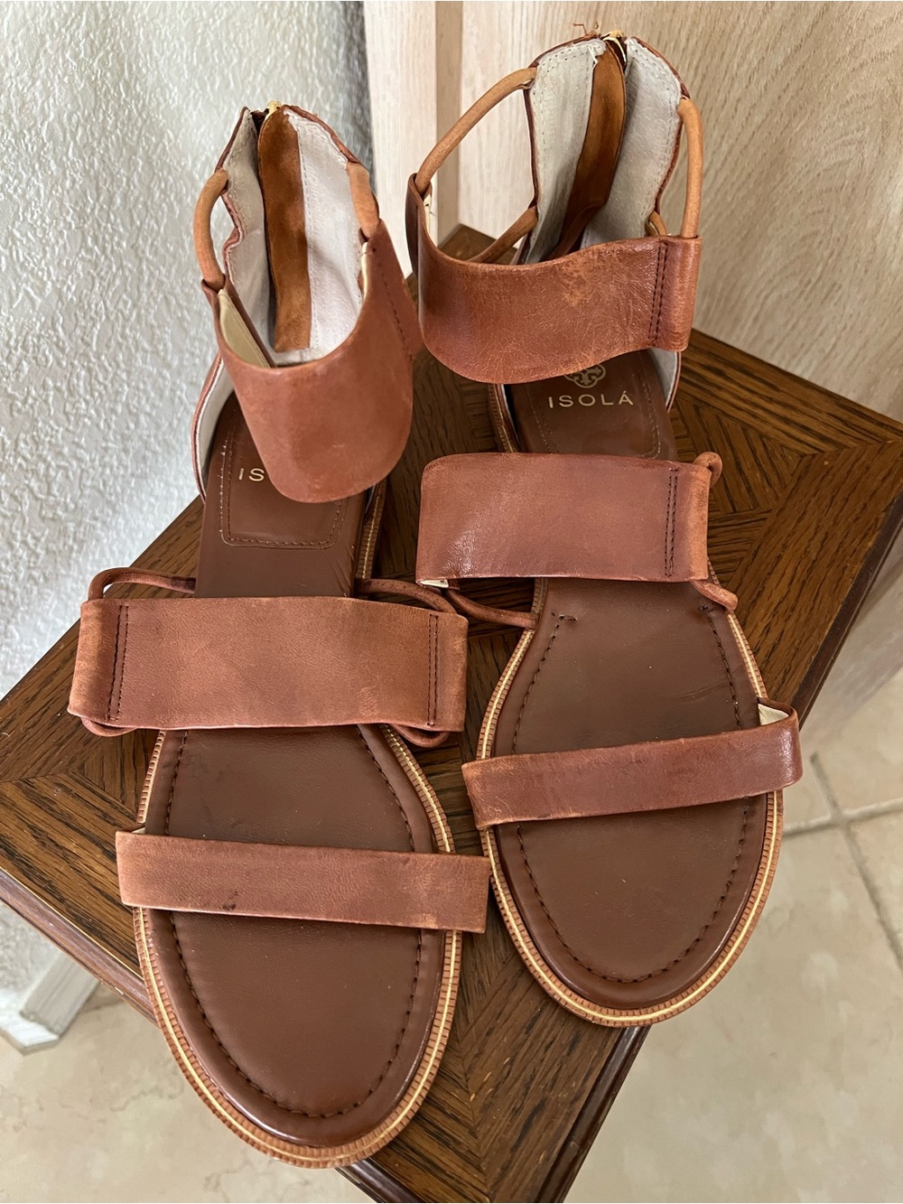 Isola Cognac Leather Triple-Strap Flat Sandals
